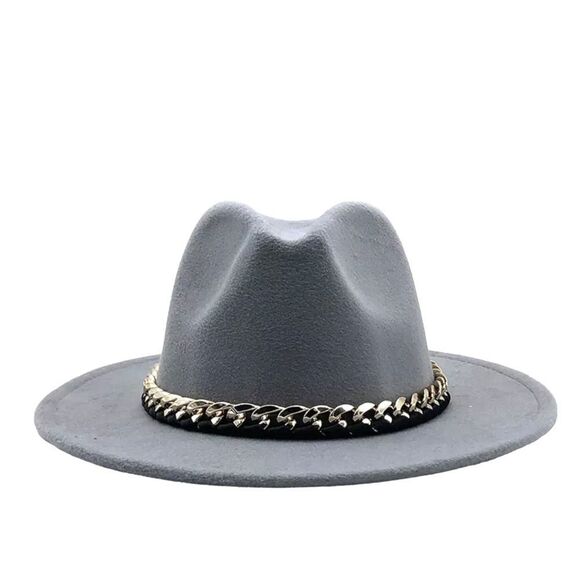 Gray Fedora Hat Stiff Brim Tall Dented Crown Chunky Chain Hat NEW - Picture 1 of 4
